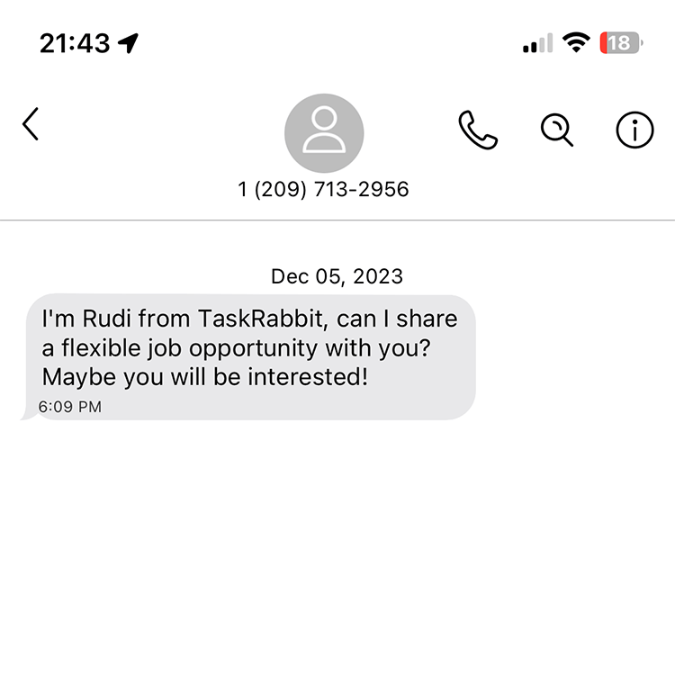 Long Code TaskRabbit text messaging
