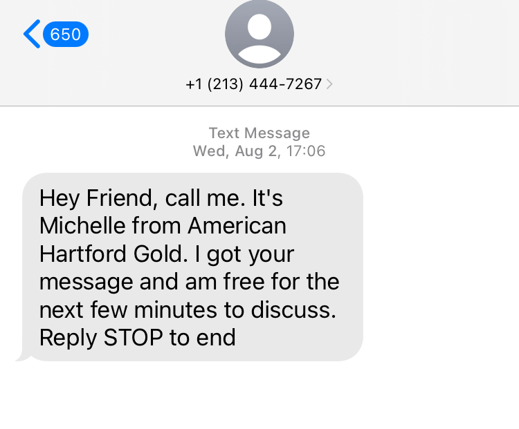 Long Code American Hartford Gold text messaging