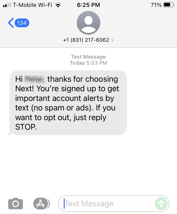 Long Code Next First Insurance Agency, Inc text messaging