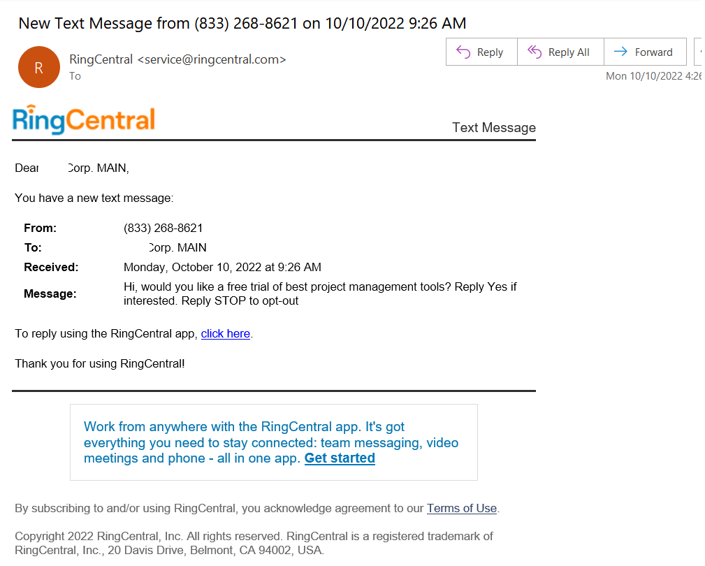 Long Code Claiming it is RingCentral text messaging