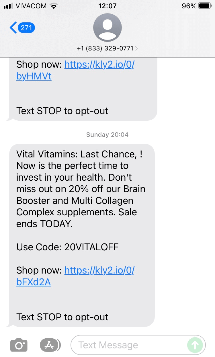 Long Code Vital Vitamins text messaging
