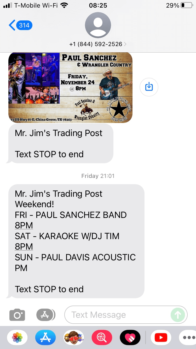 Long Code Mr. Jim's Trading Post text messaging
