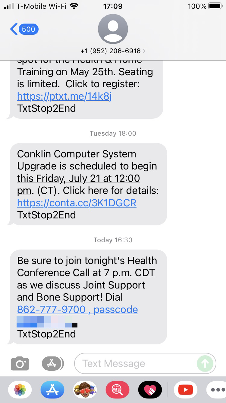 Long Code Conklin's LIFETRACK text messaging