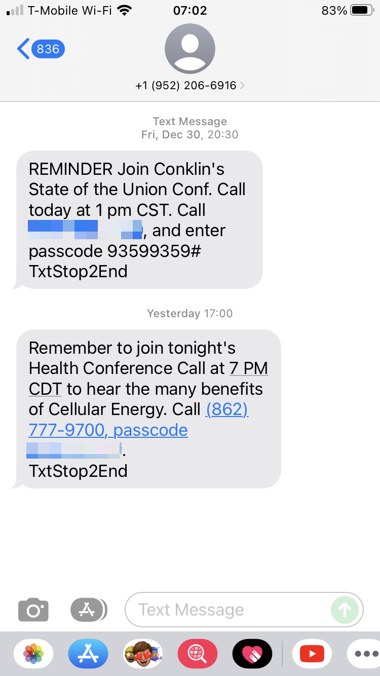 Long Code Conklin's LIFETRACK text messaging