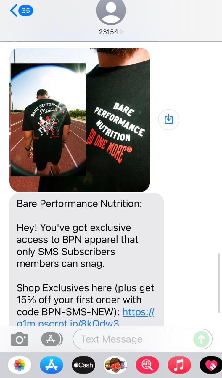 Short Code Bare Performance Nutrition text messaging