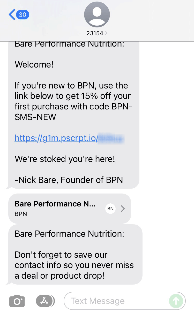 Short Code Bare Performance Nutrition text messaging