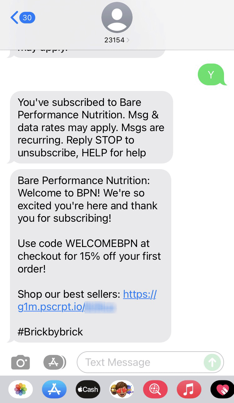 Short Code Bare Performance Nutrition text messaging