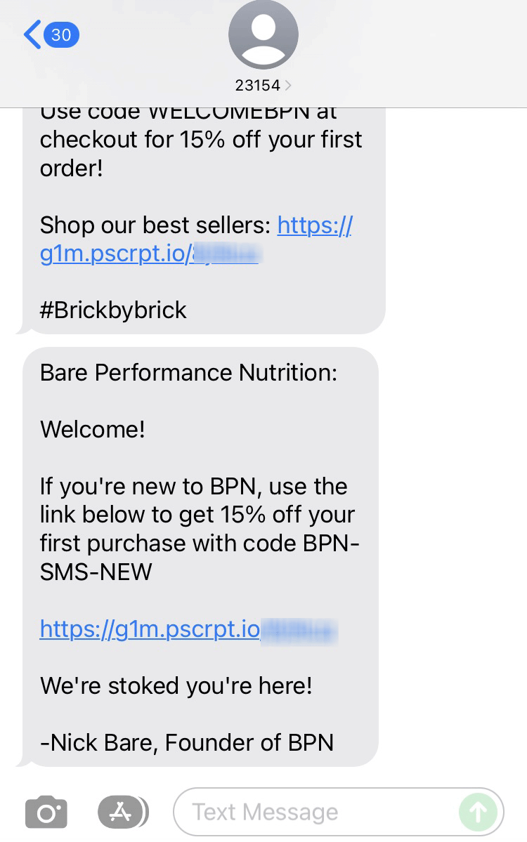 Short Code Bare Performance Nutrition text messaging