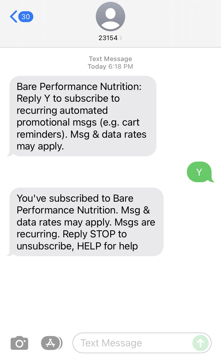 Short Code Bare Performance Nutrition text messaging