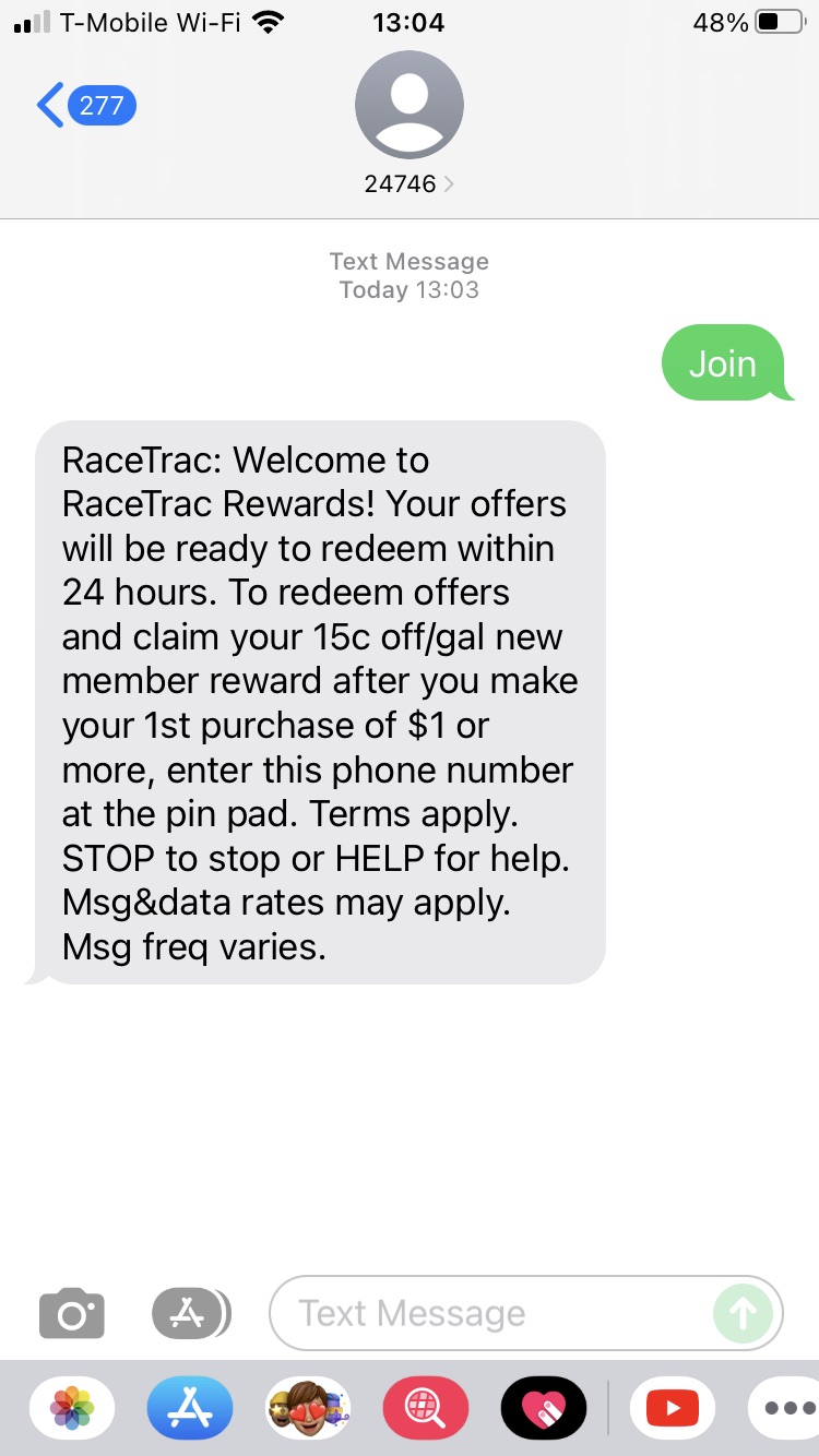 Short Code racetrac  text messaging
