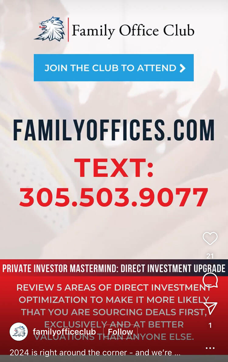 Long Code Family Office Club text messaging