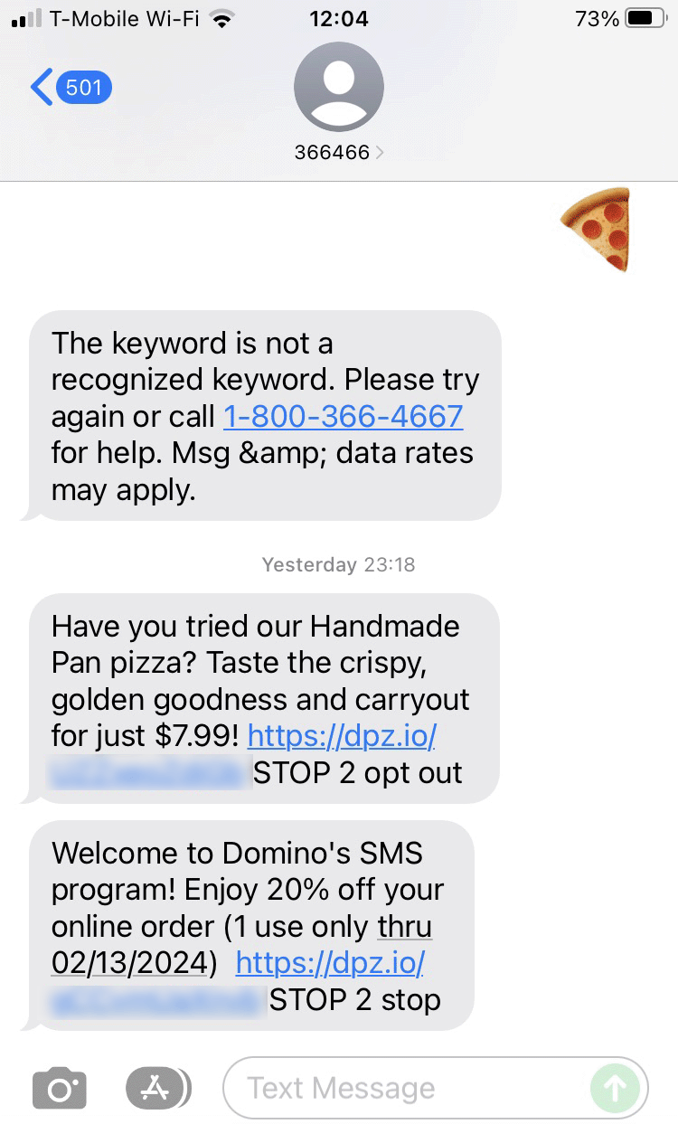 Short Code Domino's Pizza text messaging