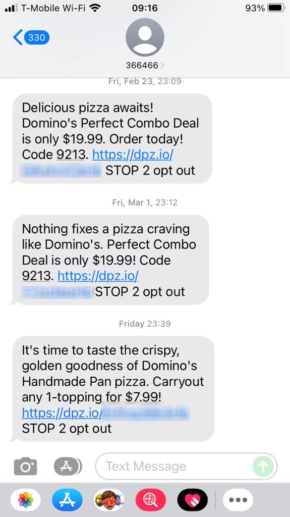 Short Code Domino's Pizza text messaging