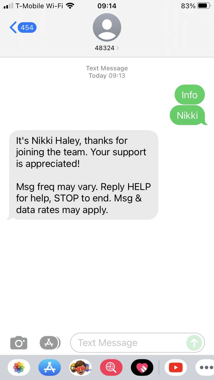 Short Code Nikki Haley text messaging