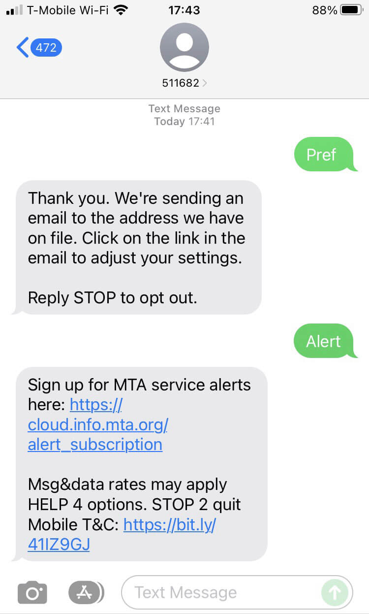 Short Code MTA text messaging