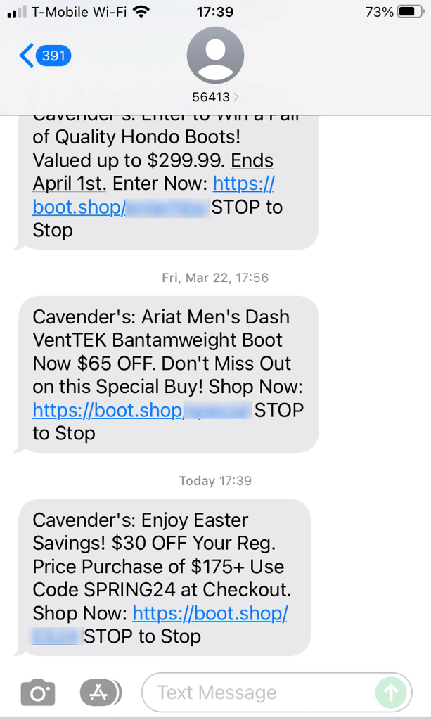 Short Code Cavender Investment Properties, Ltd text messaging