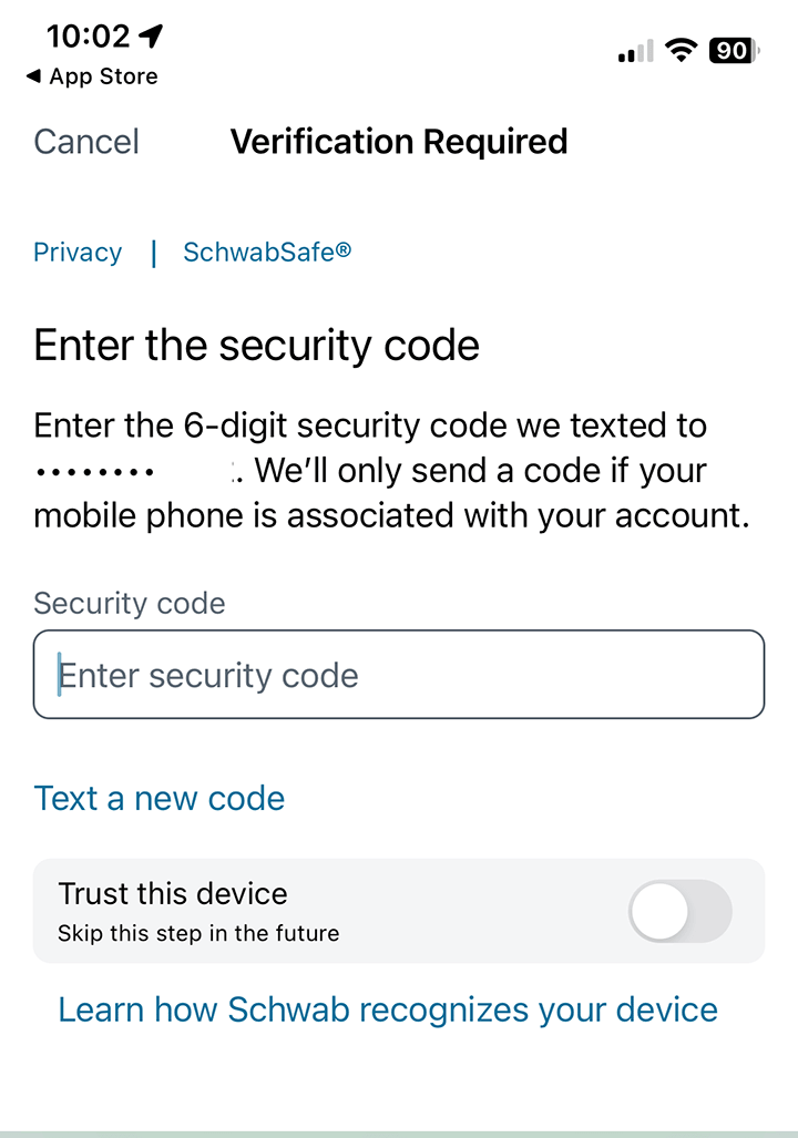 Short Code Schwab text messaging