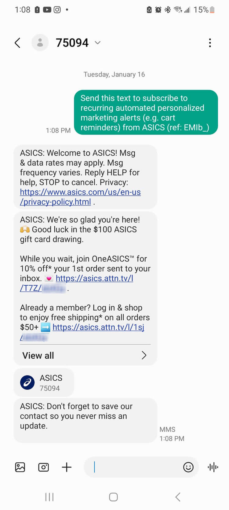 Short Code asics text messaging