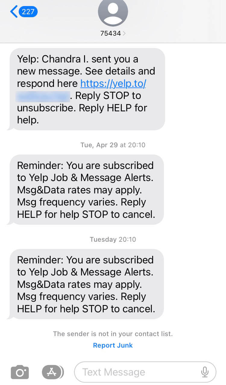 Short Code Yelp text messaging