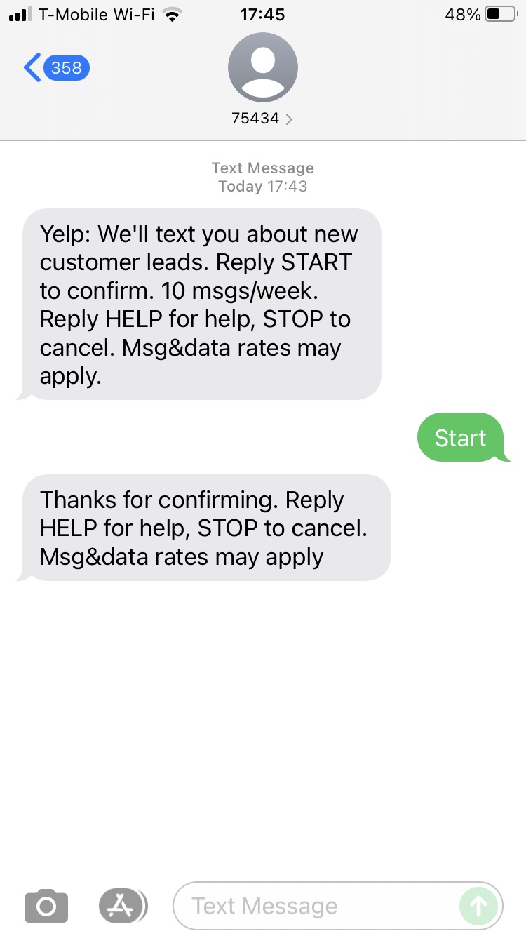 Short Code Yelp text messaging