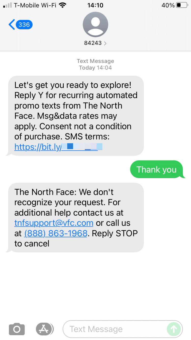 Short Code The North Face text messaging