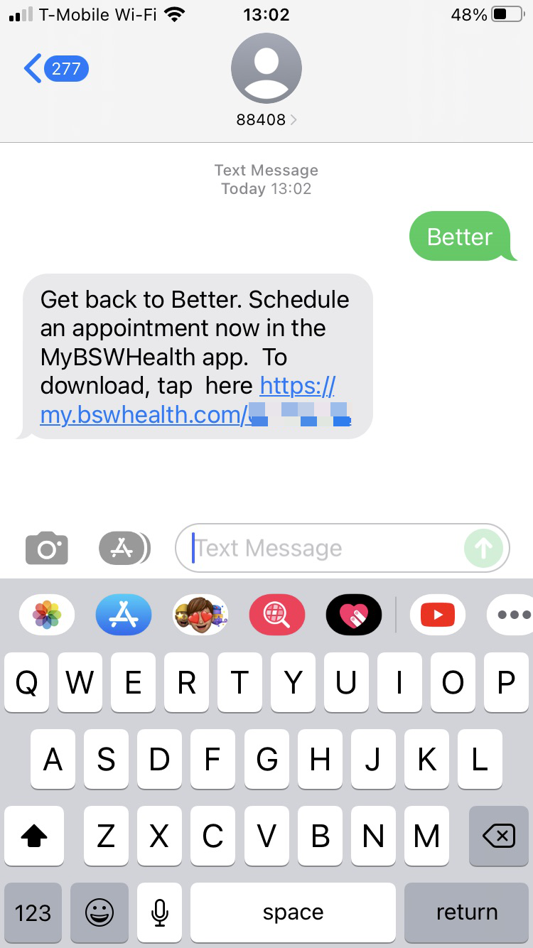 Short Code BSWHealth text messaging