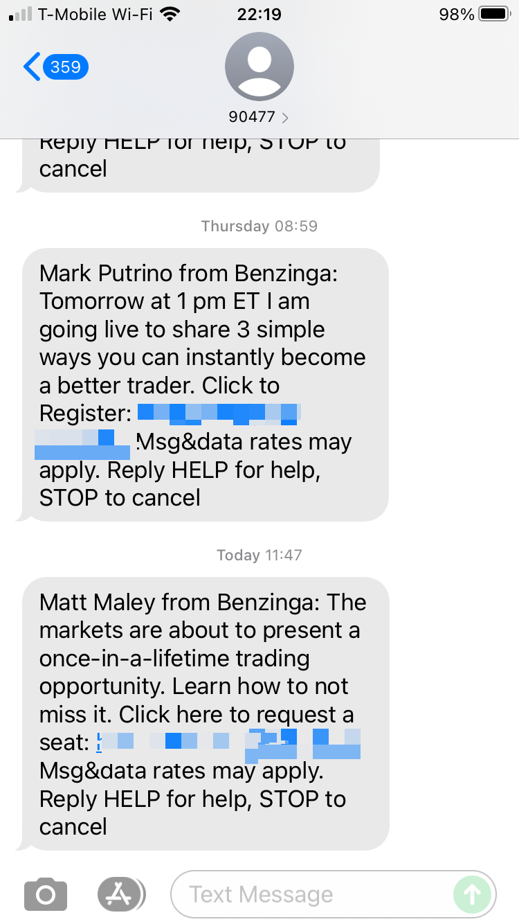 Short Code Benzinga text messaging