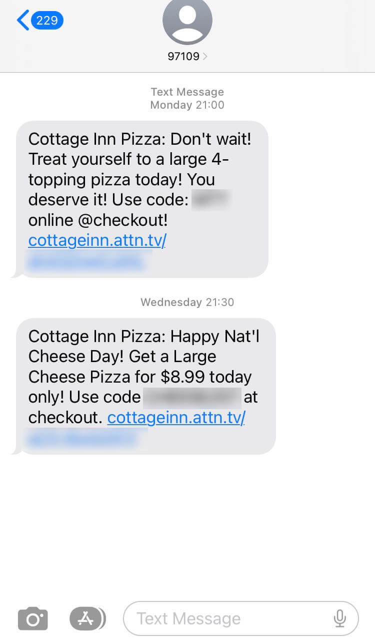 Short Code Cottage Inn Pizza text messaging