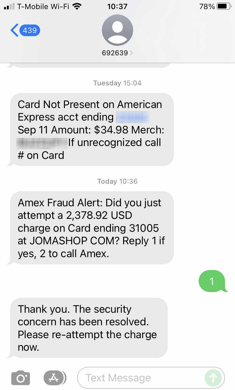 Short Code American Express text messaging