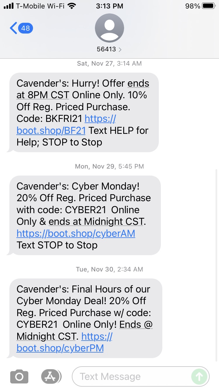 Short Code Cavender Investment Properties, Ltd text messaging