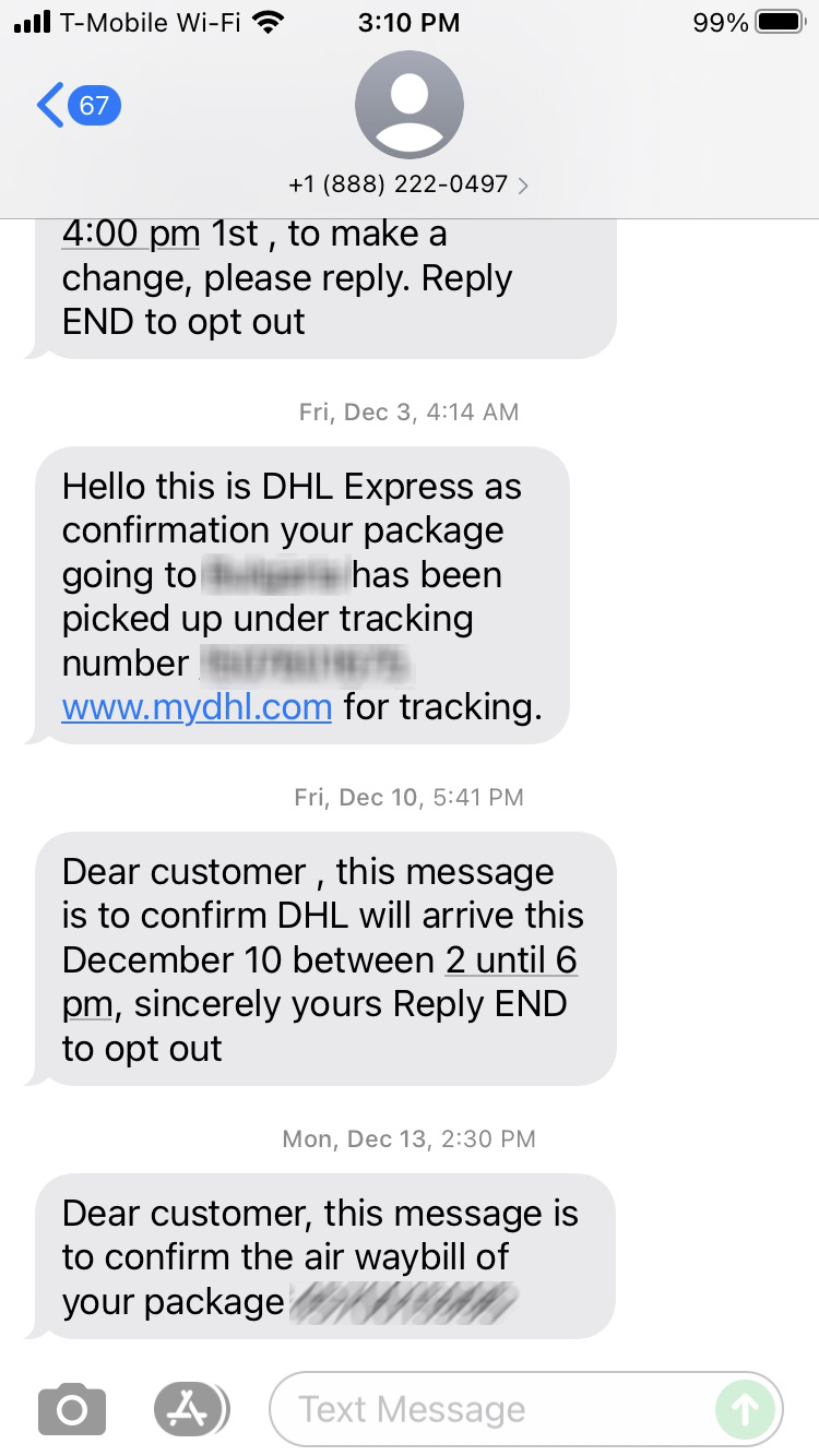 Long Code DHL USA text messaging