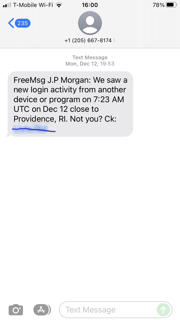 Long Code FreeMsg JP Morgan fraud  text messaging