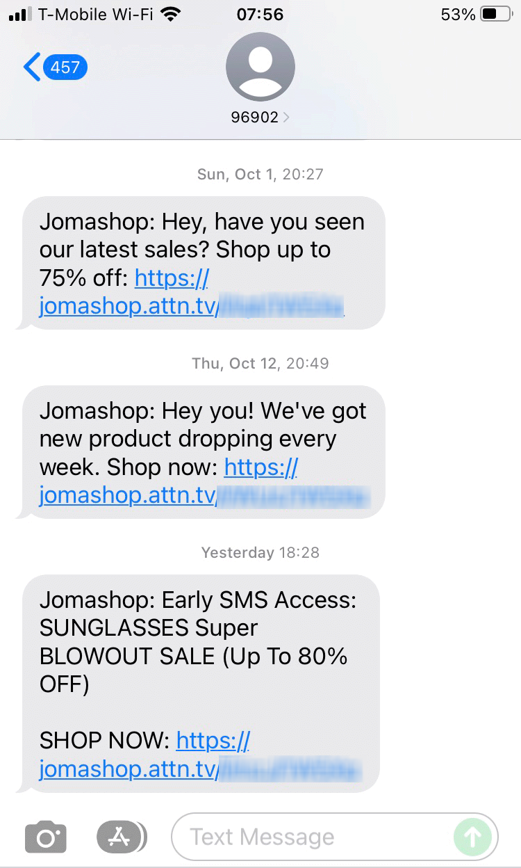 Short Code Jomashop text messaging