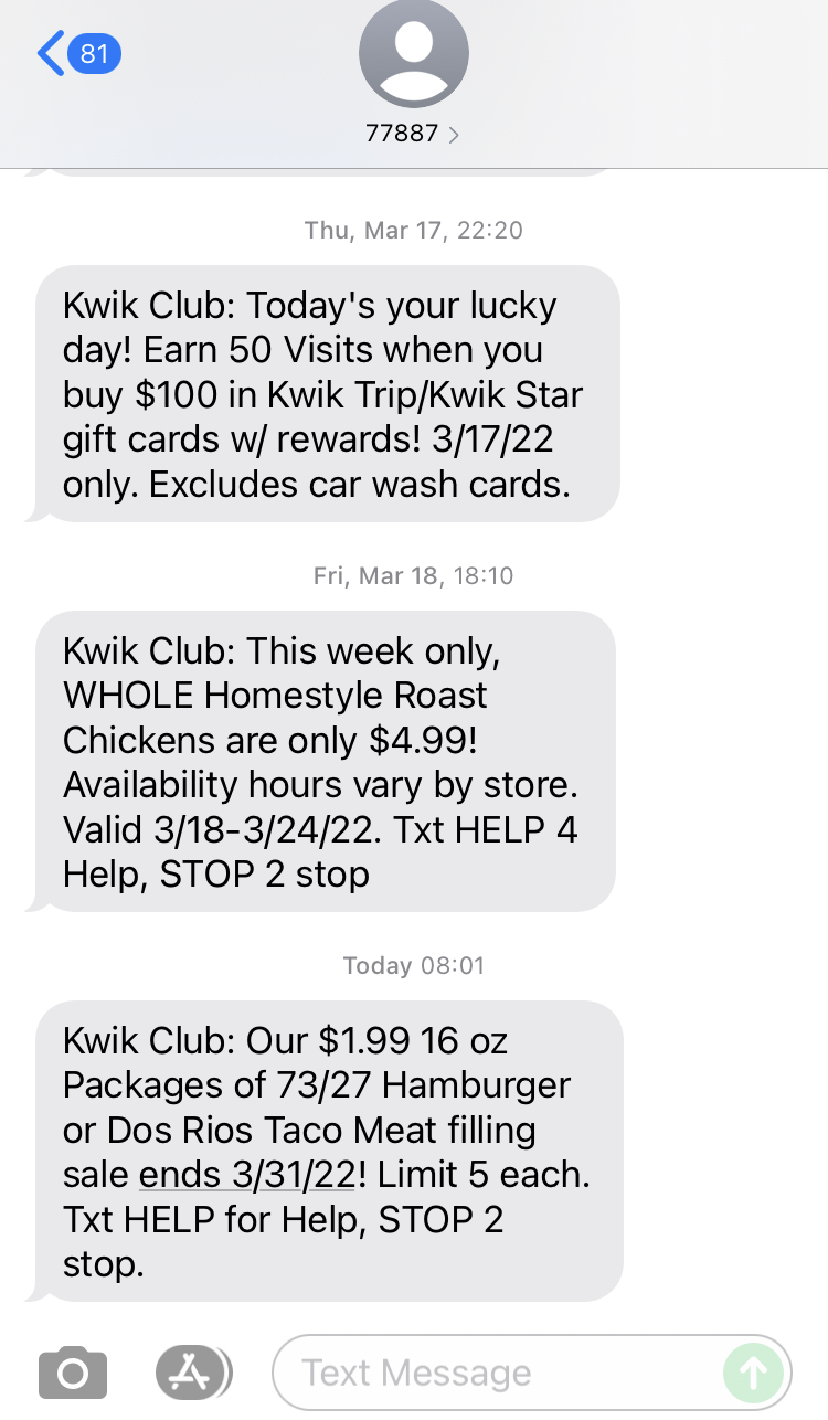 Short Code Kwik Trip/Kwik Star text messaging