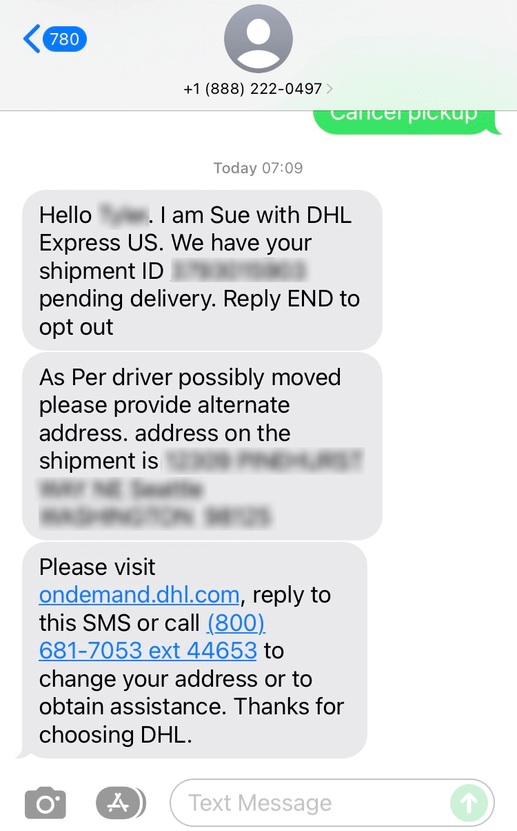 Long Code DHL USA text messaging