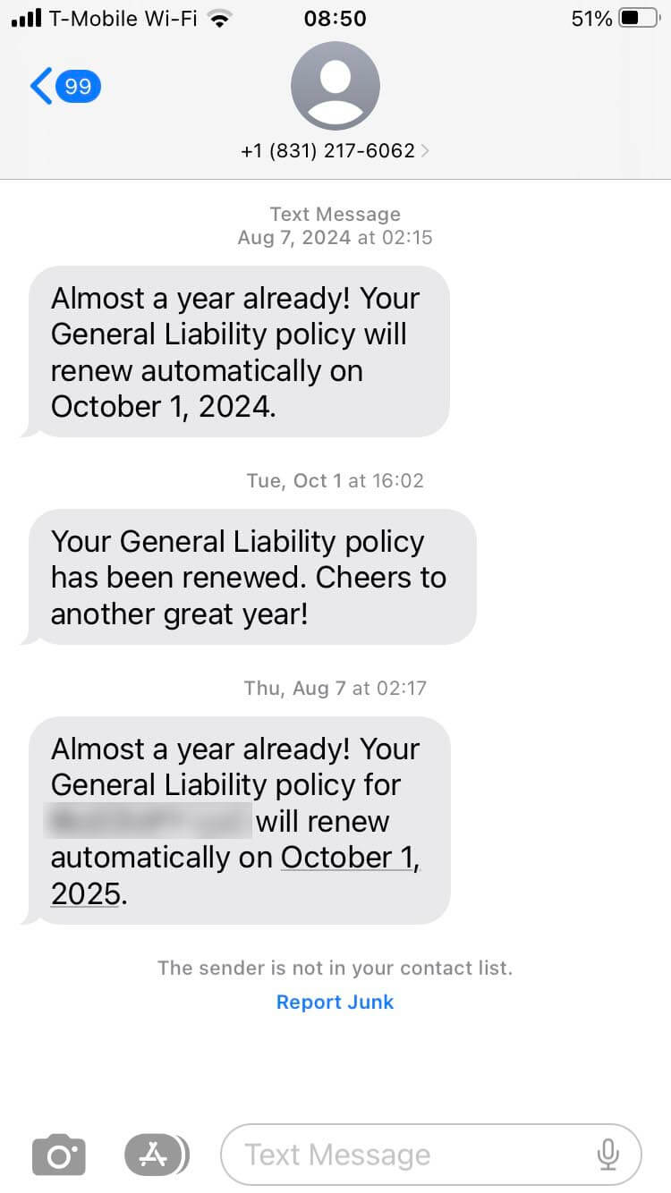 Long Code Next Insurance text messaging