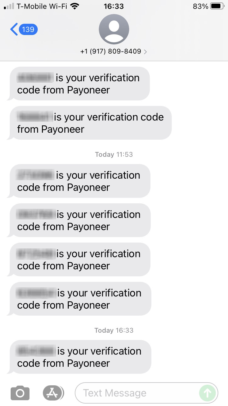 Long Code Payoneer text messaging