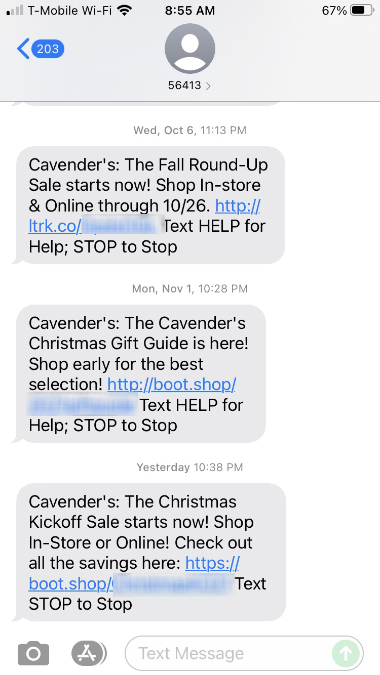 Short Code Cavender Investment Properties, Ltd text messaging