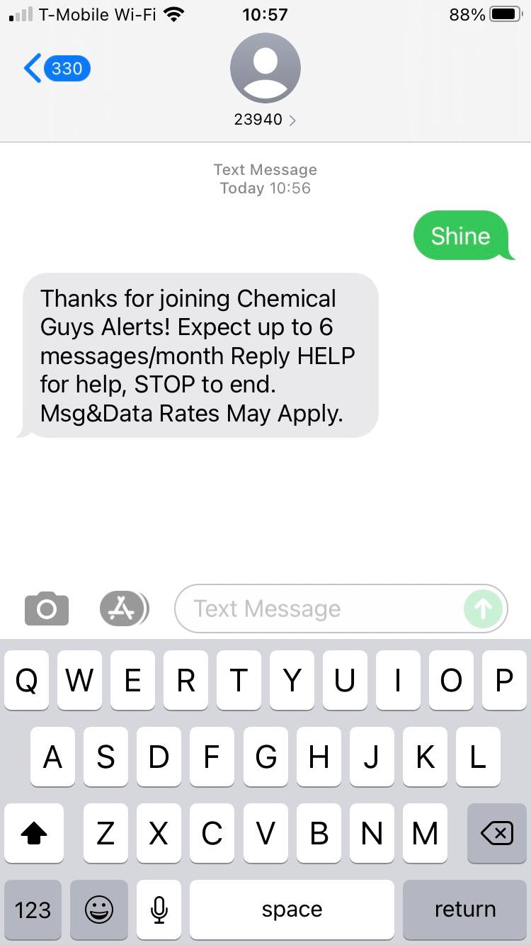 Short Code Chemical guys text messaging