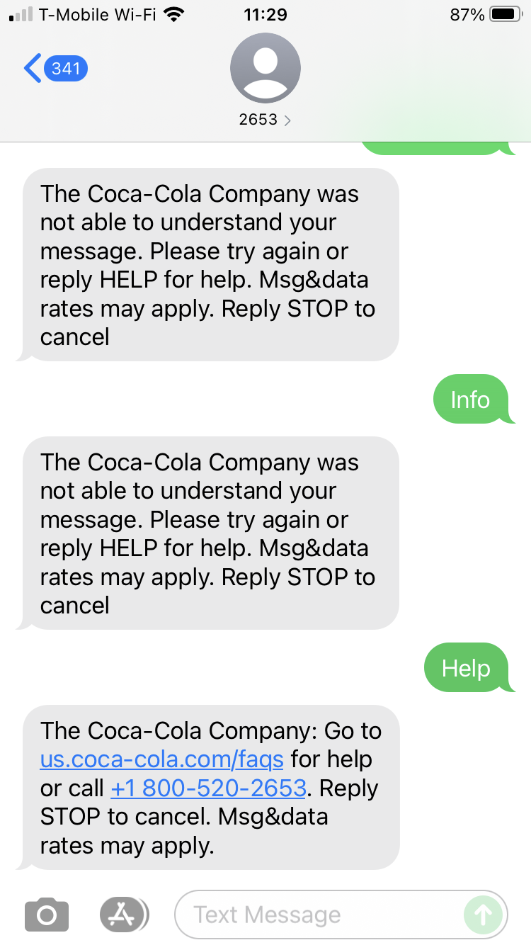 Short Code The Coca-Cola Company text messaging