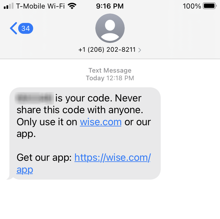 Long Code Transferwise text messaging