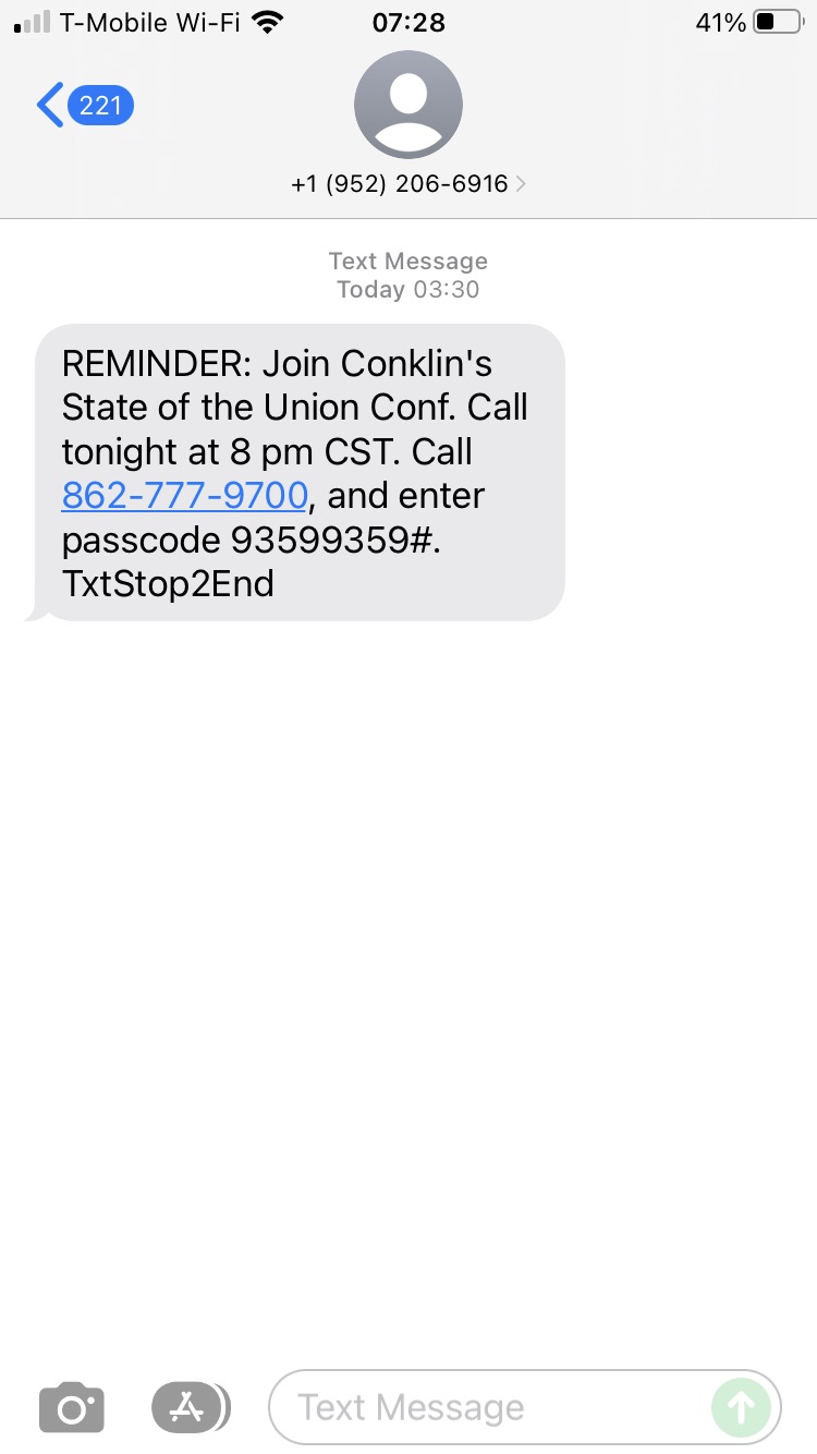 Long Code Conklin's LIFETRACK text messaging