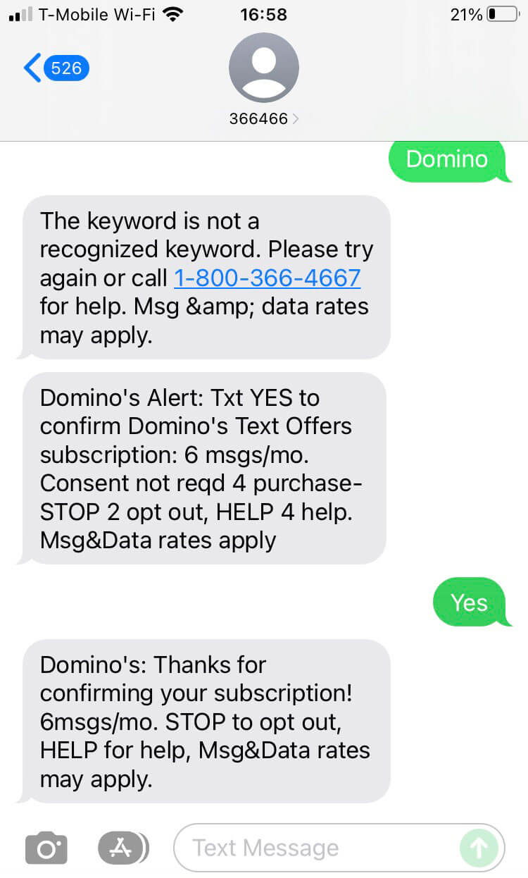 Short Code Domino's Pizza text messaging