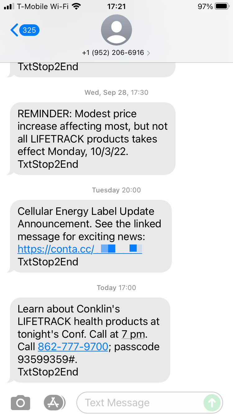 Long Code Conklin's LIFETRACK text messaging