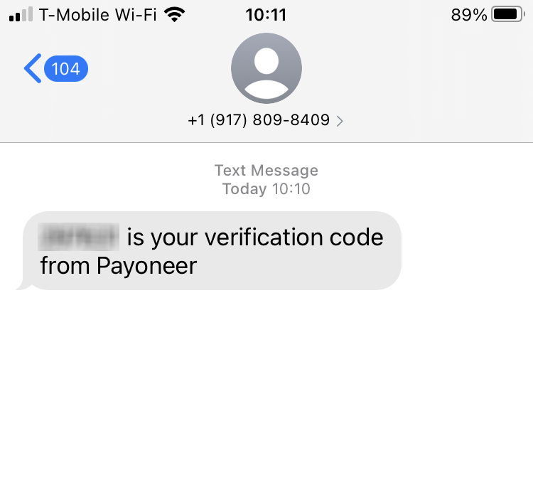 Long Code Payoneer text messaging