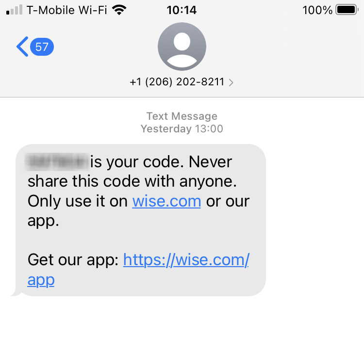 Long Code Transferwise text messaging