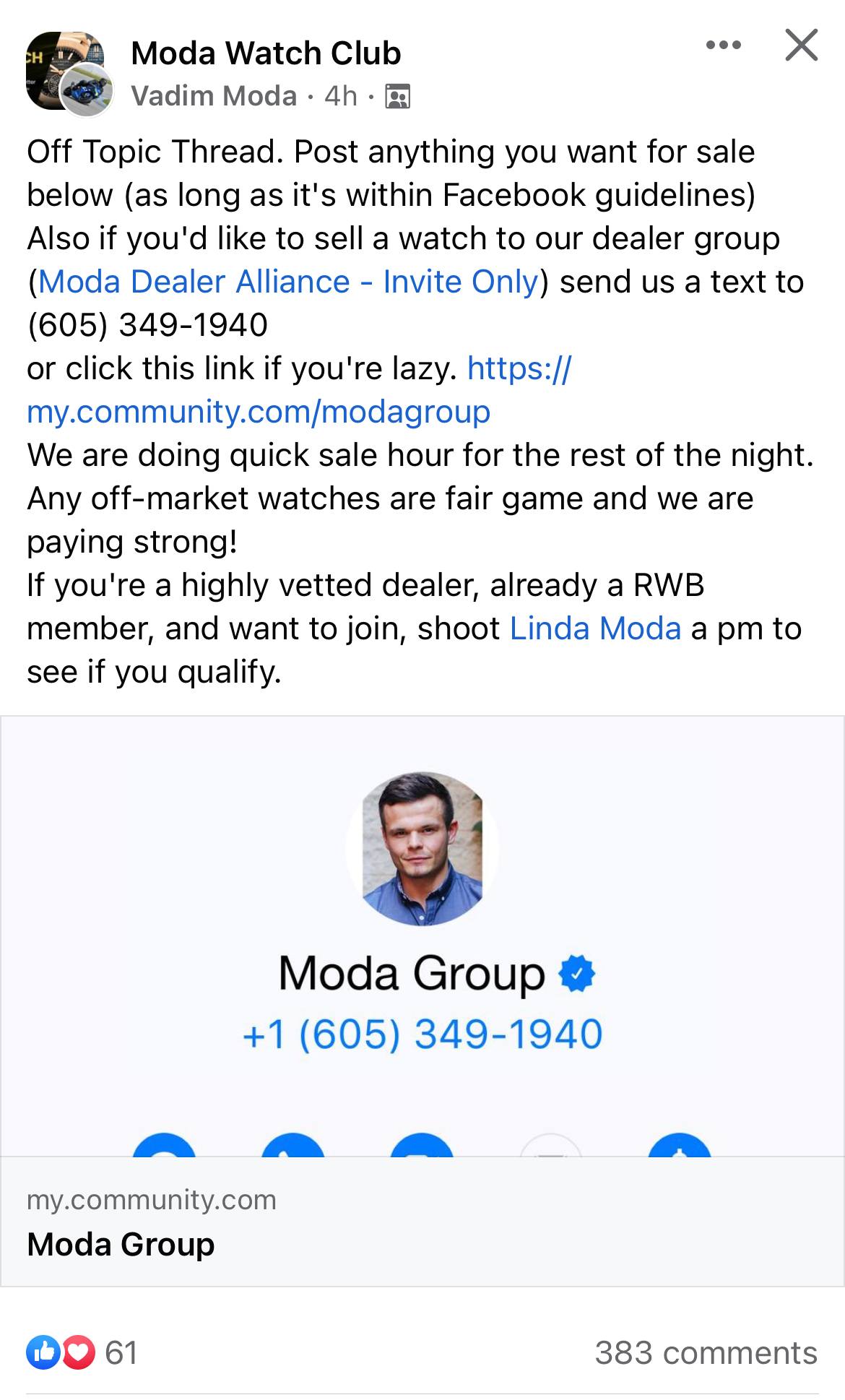 Long Code Moda Watch Club text messaging