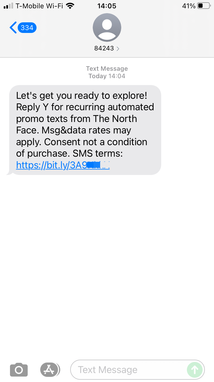 Short Code The North Face text messaging