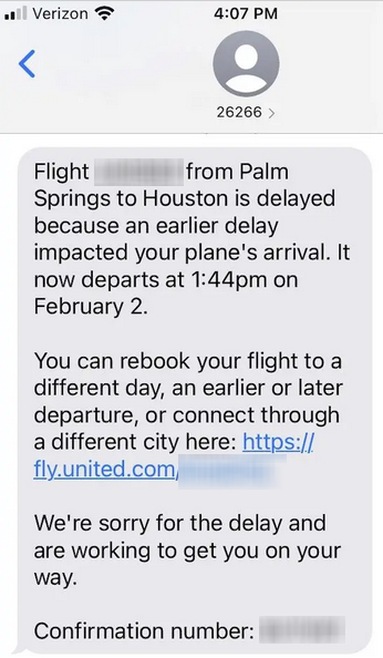 Short Code United Airlines text messaging