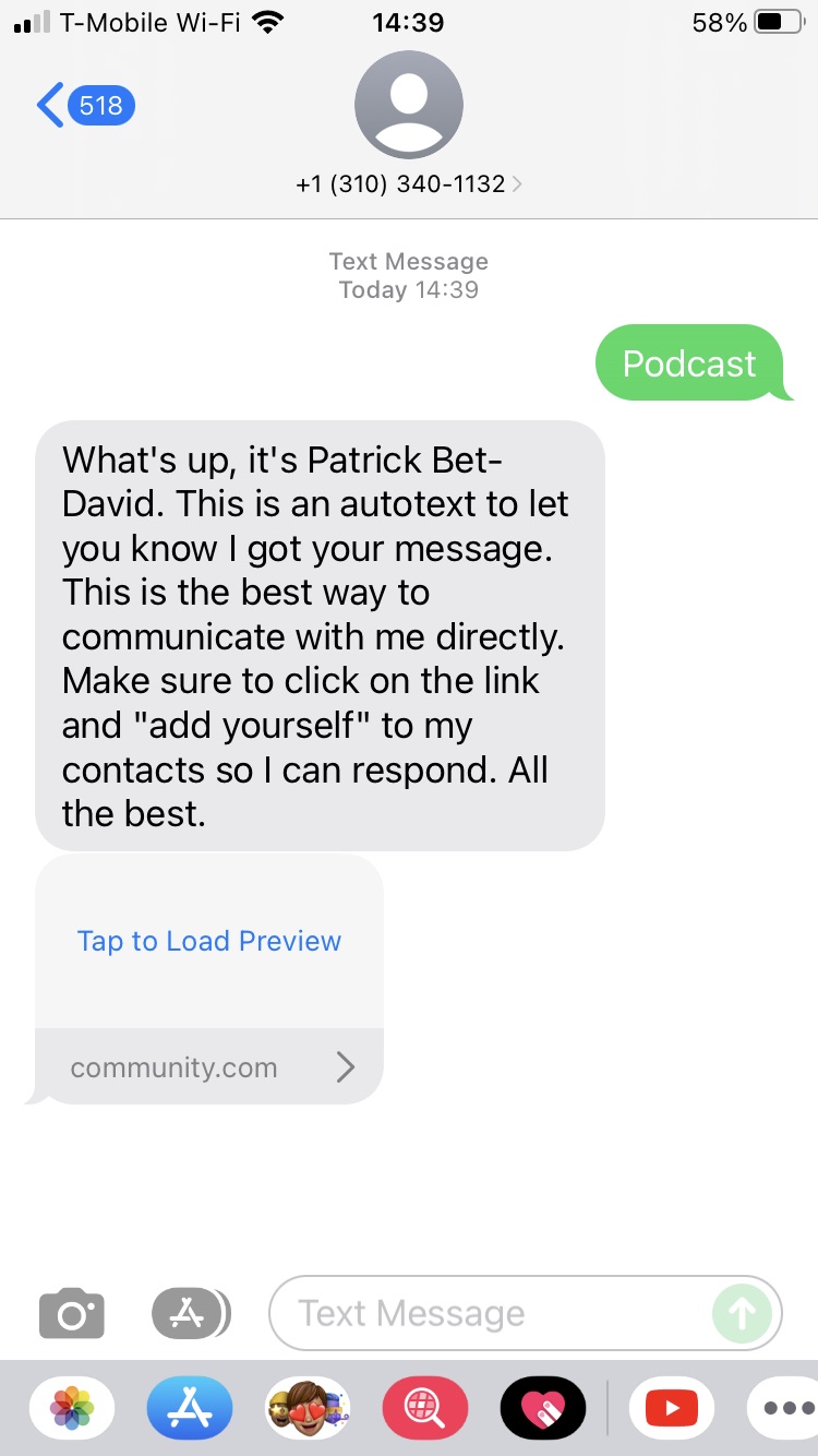 Long Code Patrick Bet-David text messaging